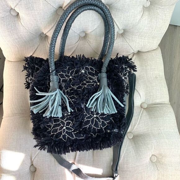 IBBAN handmade boho Wool leather crossbody bag gray black - Picture 2 of 9